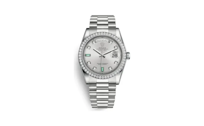 Rolex Day-Date 36 Platinum Diamonds / President / Silver Diamond Emerald