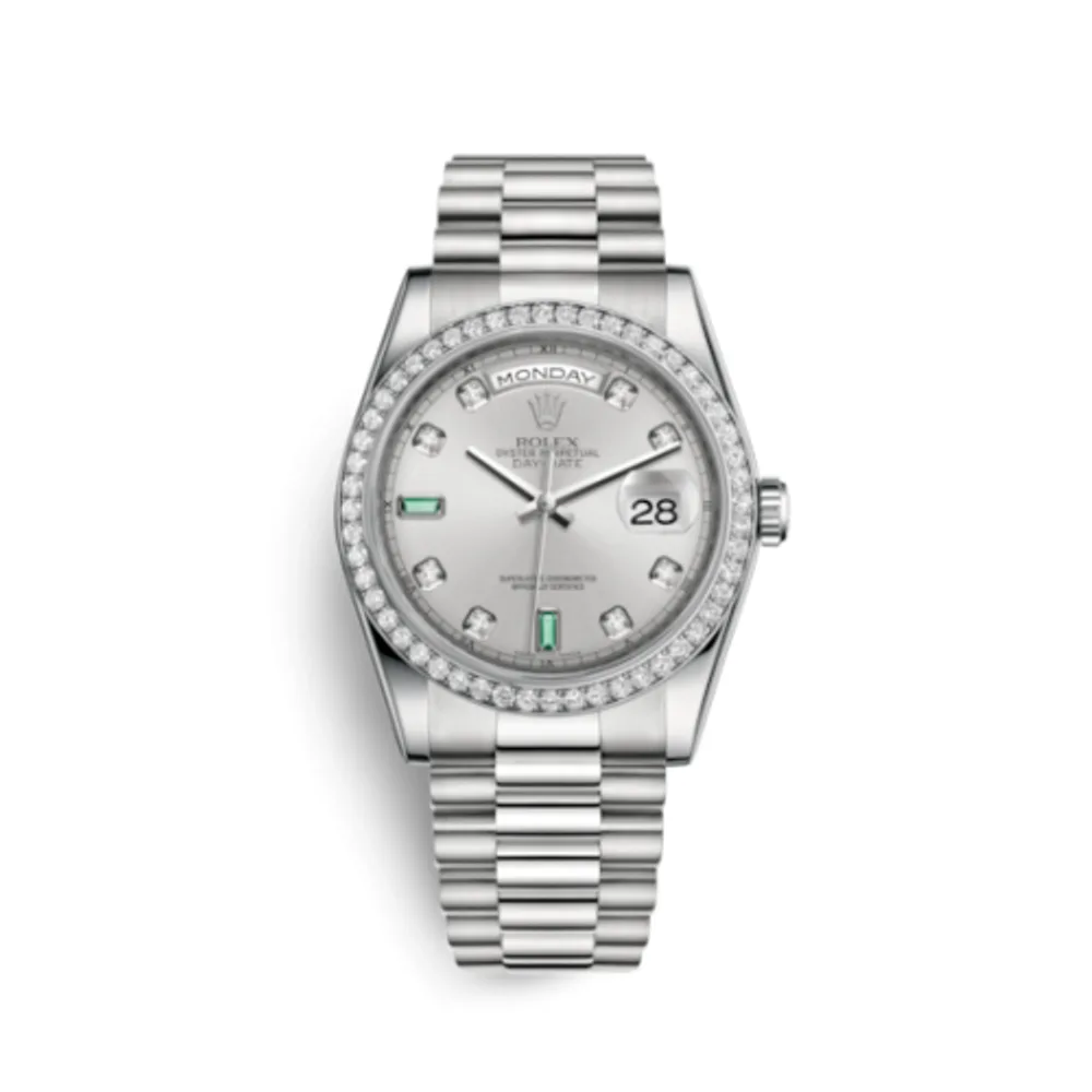 Rolex Day-Date 36 Platinum Diamonds / President / Silver Diamond Emerald