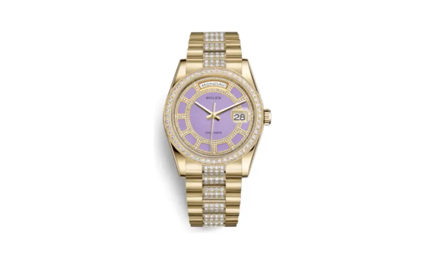 Rolex Day-Date 36 Yellow Gold Diamonds / President Diamonds / Lavender Jade Carousel