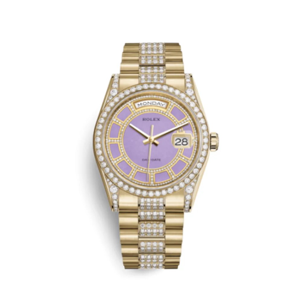 Rolex Day-Date 36 Yellow Gold Diamonds / President Diamonds / Lavender Jade Carousel