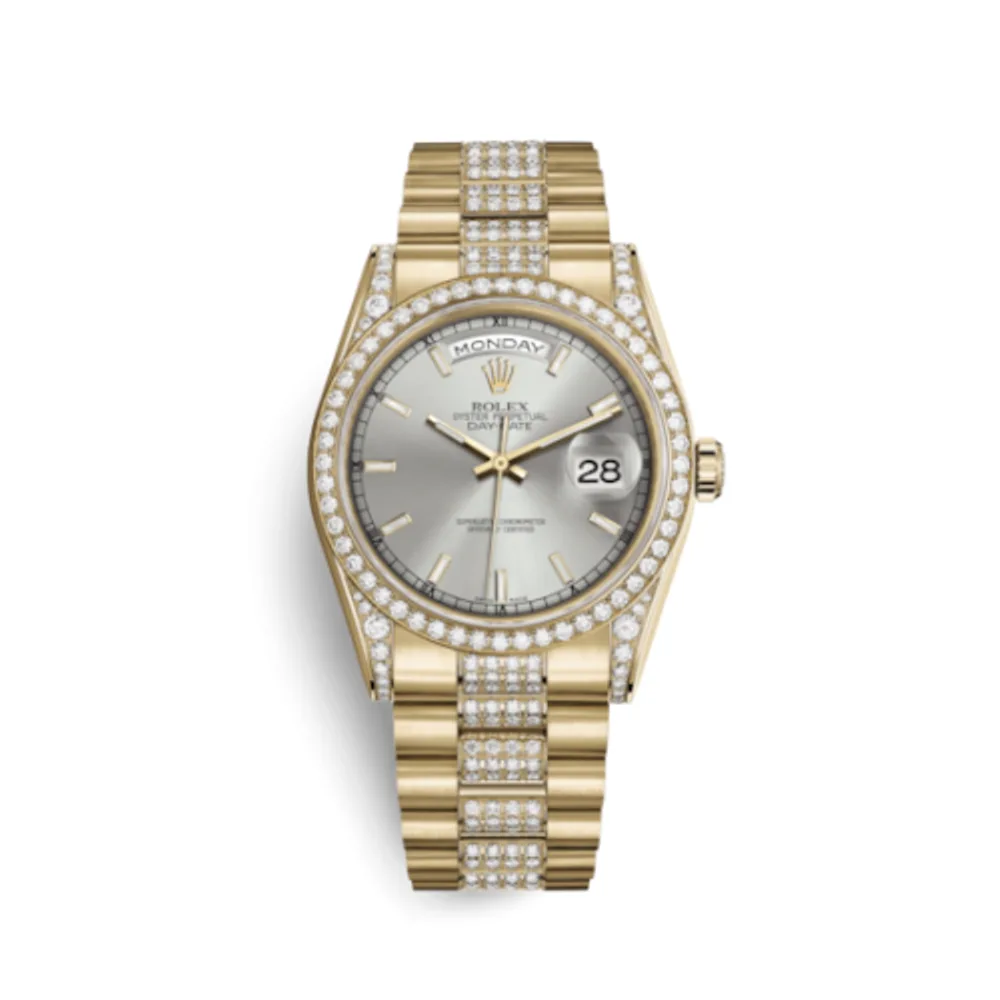 Rolex Day-Date 36 Yellow Gold Diamonds / President Diamonds / Silver