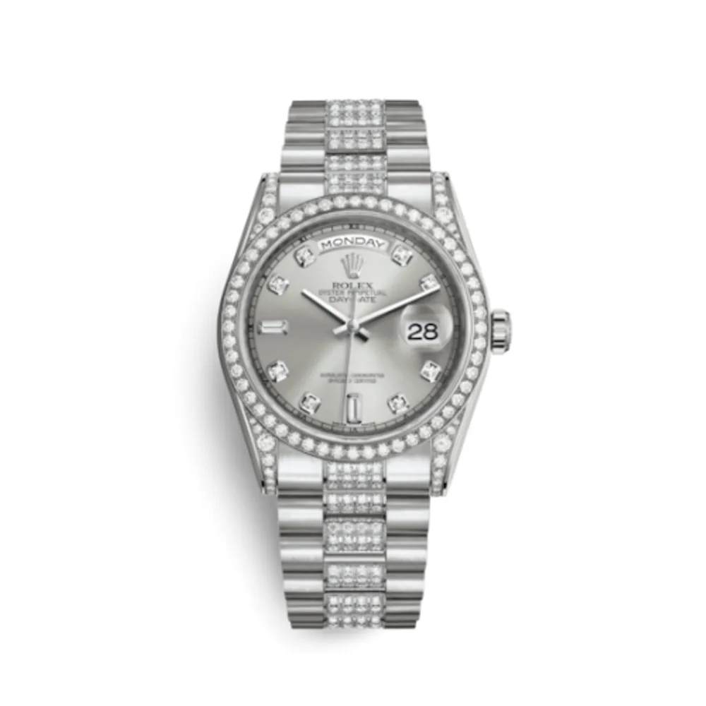 Rolex Day-Date 36 White Gold Diamonds / President Diamond / Silver Diamond