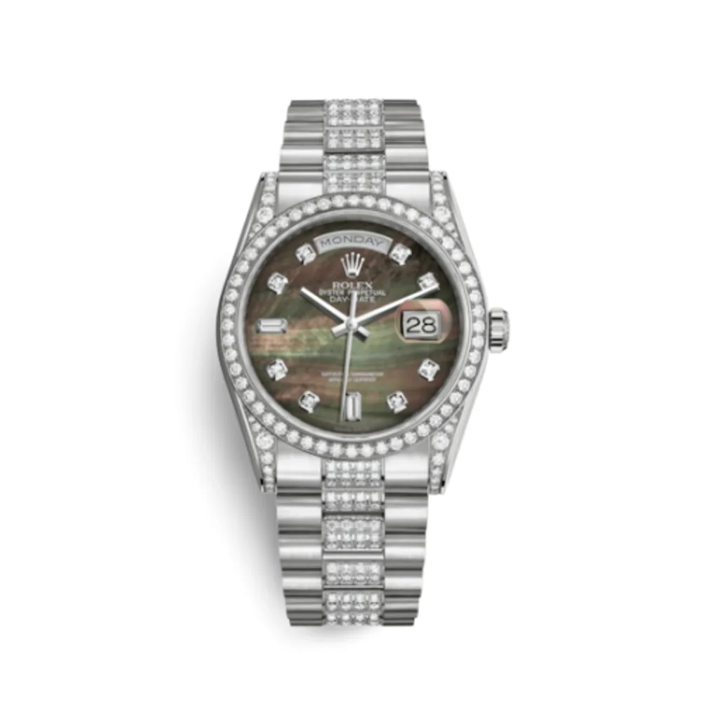 Rolex Day-Date 36 White Gold Diamonds / President Diamond / Black MOP