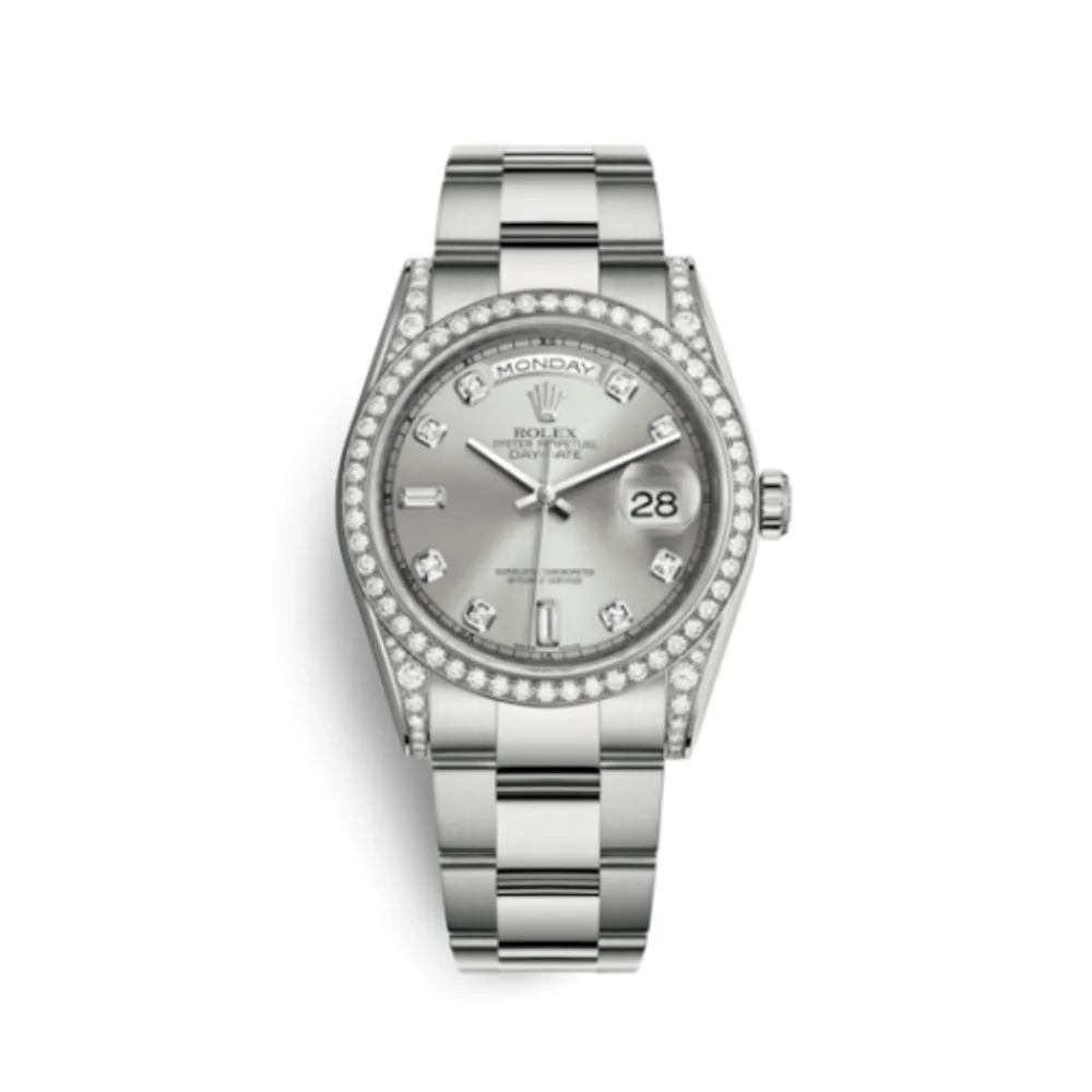 Rolex Day-Date 36 White Gold Diamonds / Oyster / Silver Diamond