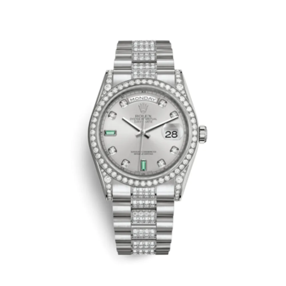 Rolex Day-Date 36 White Gold Diamonds / President Diamond / Rhodium Diamond Emerald