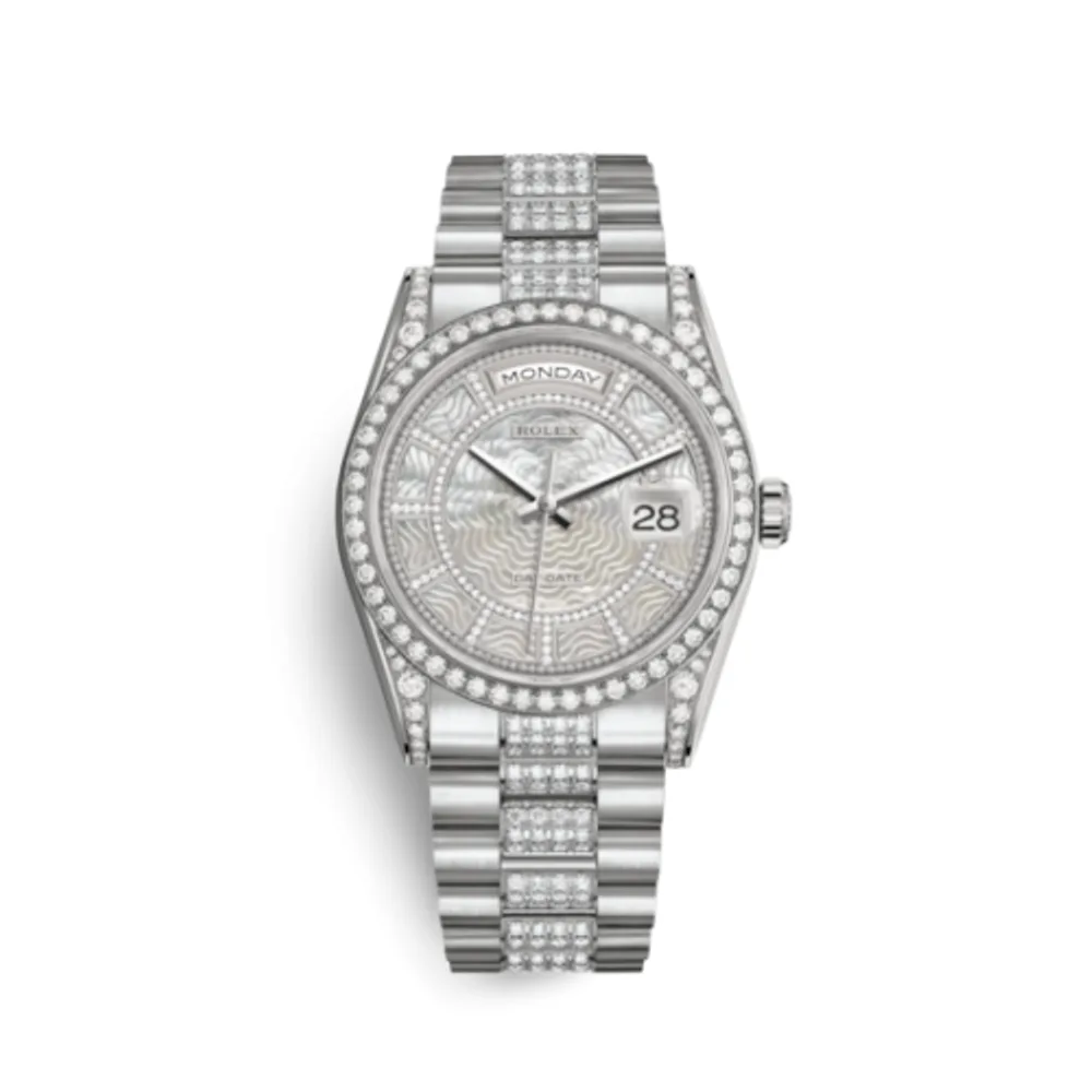 Rolex Day-Date 36 White Gold Diamonds / President Diamonds / MOP Carousel