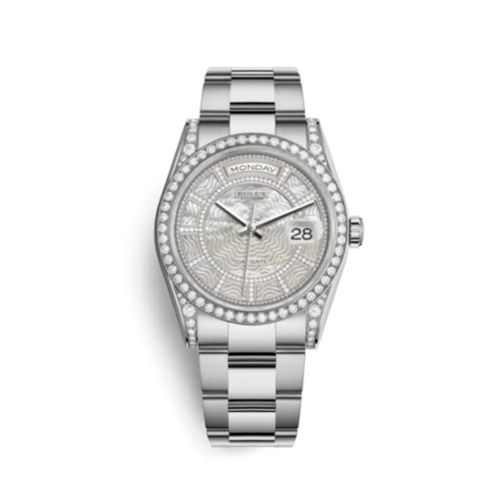 Rolex Day-Date 36 White Gold Diamonds / Oyster / MOP Carousel