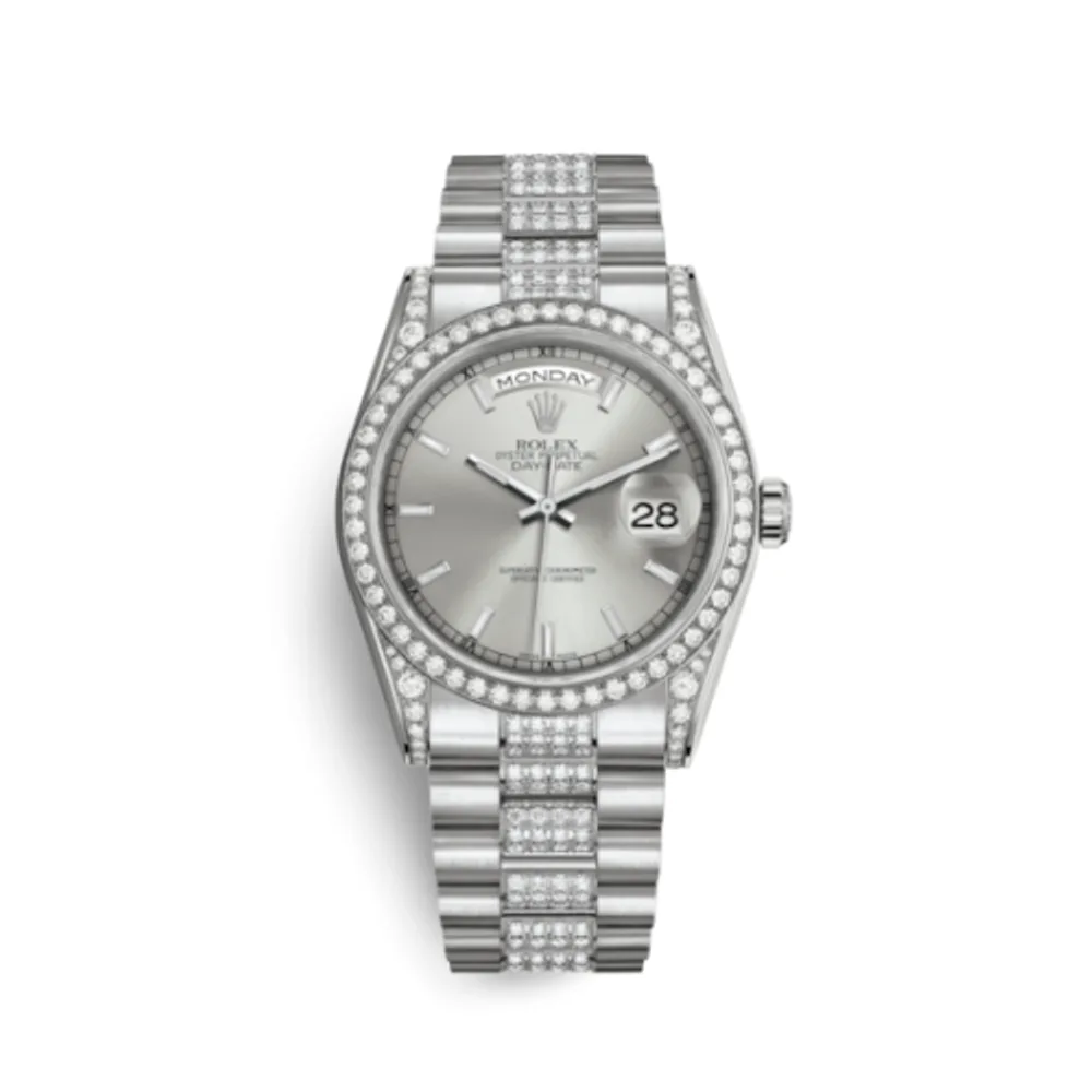 Rolex Day-Date 36 White Gold Diamonds / President Diamond / Silver