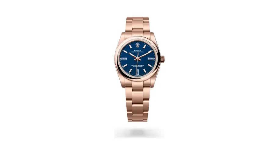Rolex Oyster Perpetual 34, 18 kt Everose gold, Blue stone dial