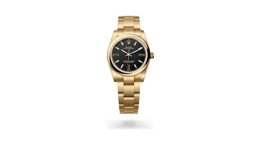 Rolex Oyster Perpetual 34, 18 kt yellow gold, Black dial