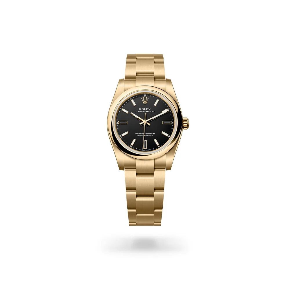 Rolex Oyster Perpetual 34, 18 kt yellow gold, Black dial