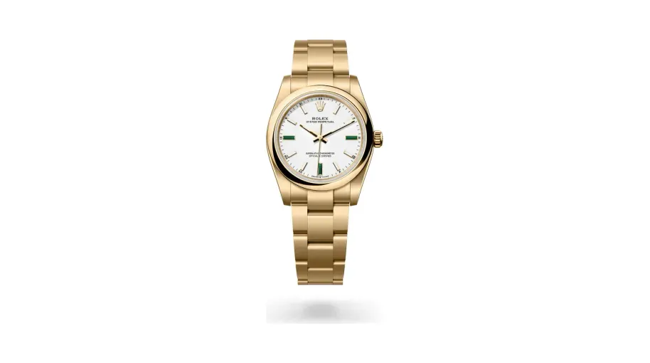 Rolex Oyster Perpetual 34, 18 kt yellow gold, White dial