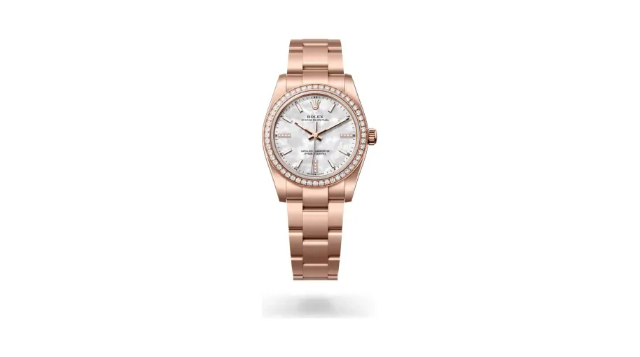 Rolex Oyster Perpetual 34, 18 kt Everose gold, White mother-of-pearl set with diamonds dial
