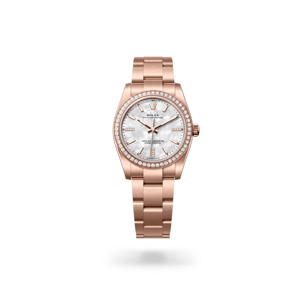 Rolex Oyster Perpetual 34, 18 kt Everose gold, White mother-of-pearl set with diamonds dial