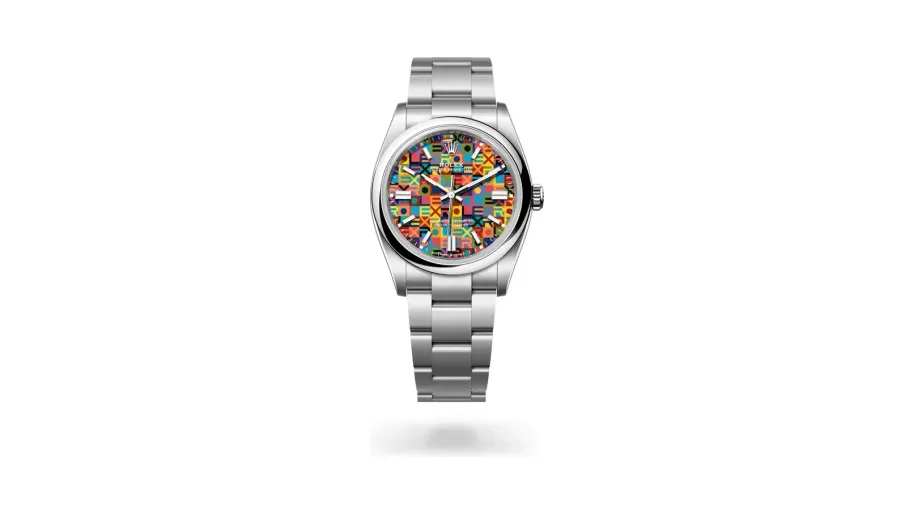 Rolex Oyster Perpetual 36, Oystersteel, Multicoloured with Jubilee motif (no fewer than ten colours) dial
