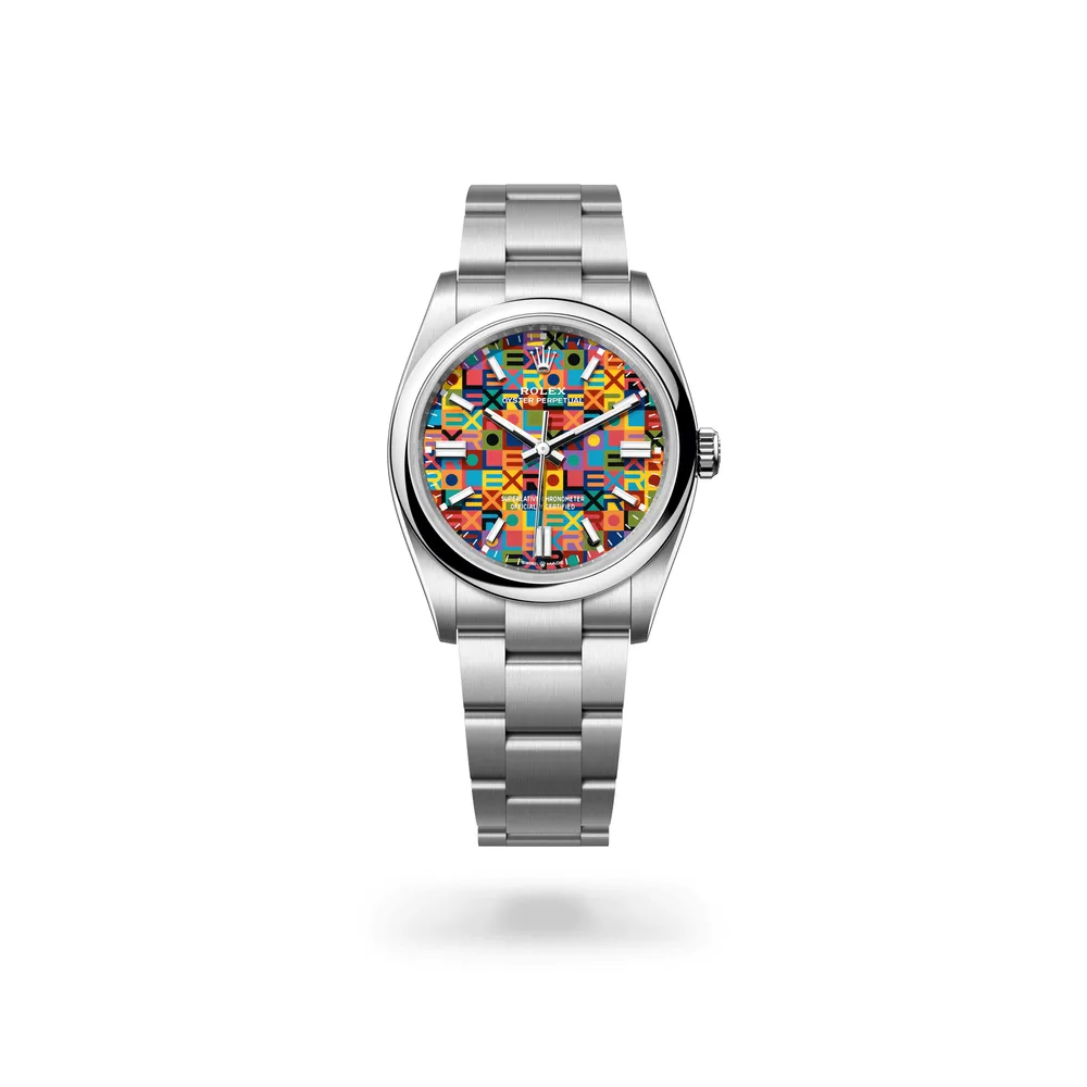 Rolex Oyster Perpetual 36, Oystersteel, Multicoloured with Jubilee motif (no fewer than ten colours) dial