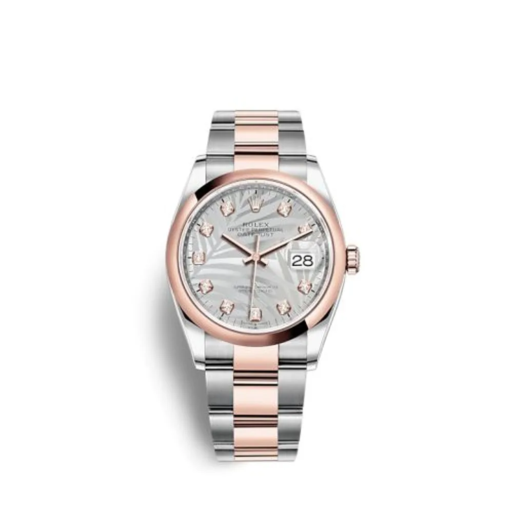 Rolex Datejust 36 Stainless Steel / Everose / Domed / Silver - Palm - Diamond / Oyster