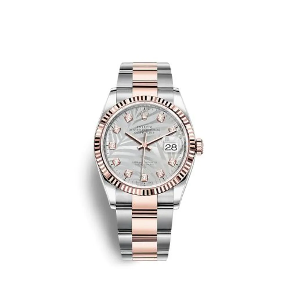 Rolex Datejust 36 Stainless Steel / Everose / Fluted / Silver - Palm - Diamond / Oyster