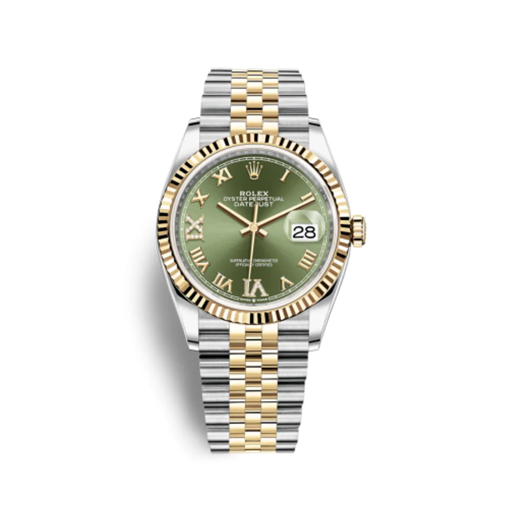 Rolex Datejust 36 Stainless Steel / Yellow Gold / Fluted / Olive Green Roman Diamond / Jubilee
