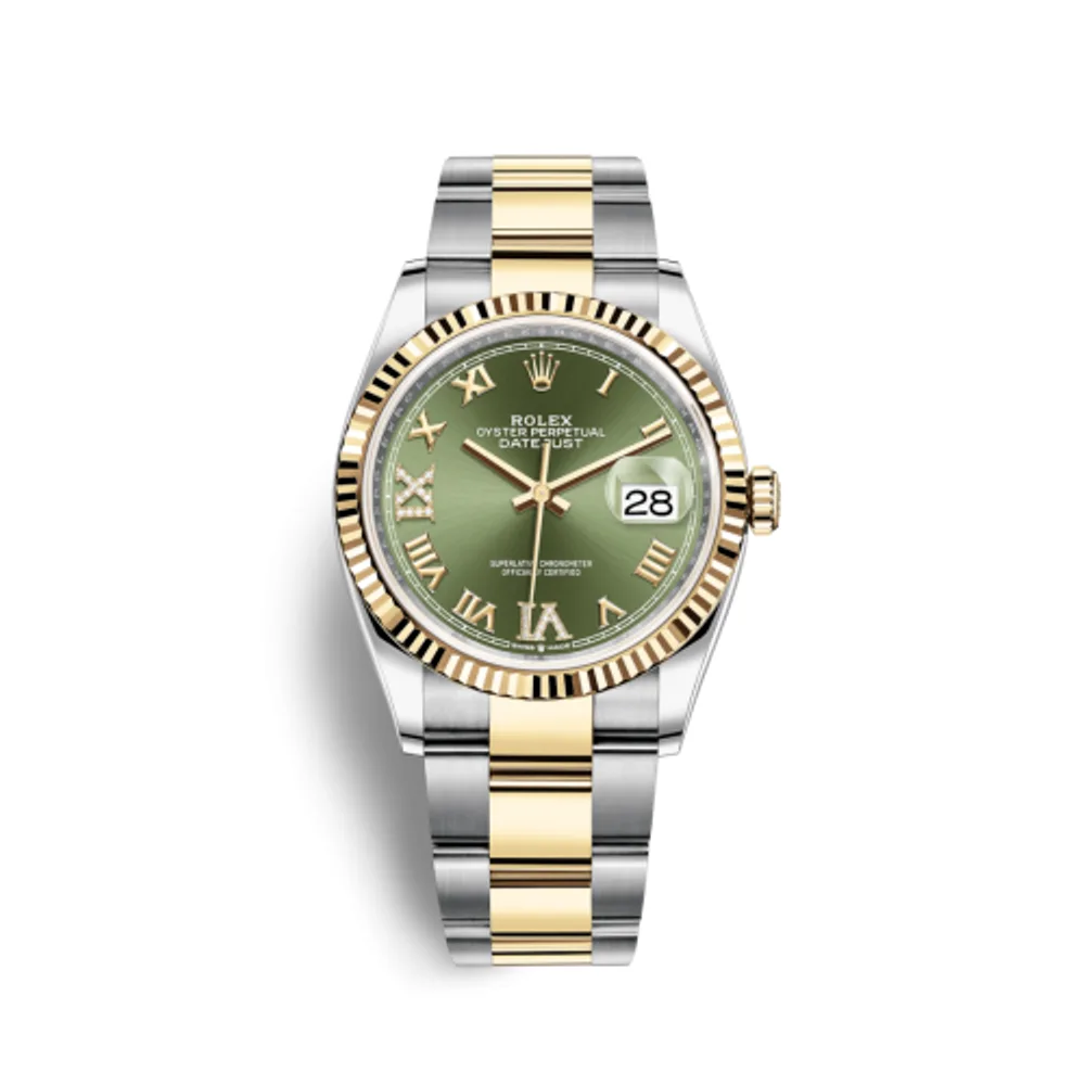 Rolex Datejust 36 Stainless Steel / Yellow Gold / Fluted / Olive Green Roman Diamond / Oyster