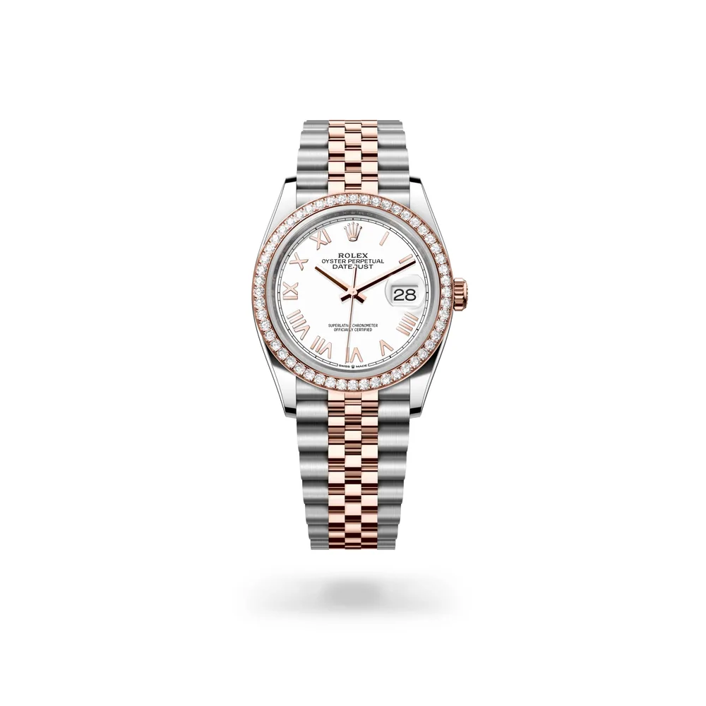 Rolex Datejust 36 Oyster, 36 mm, Oystersteel, Everose gold and diamonds, Everose Rolesor, White lacquer dial
