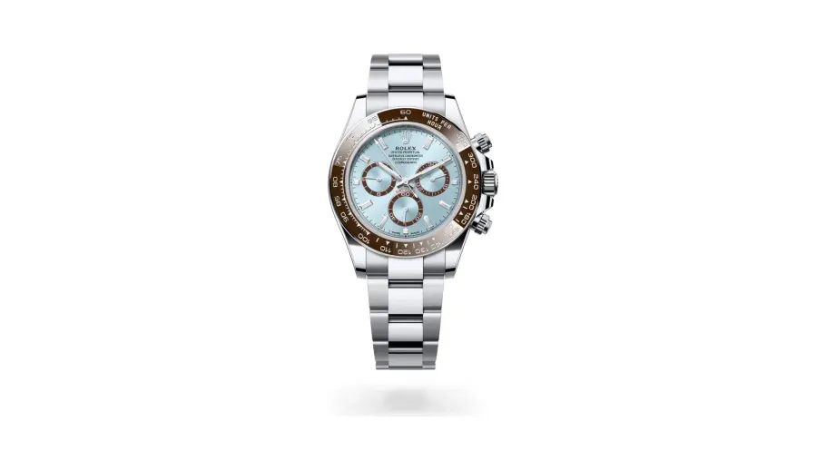 Rolex Oyster Perpetual Cosmograph Daytona, 40 mm, platinum, Platinum, Ice blue with chestnut brown counter rings set with diamonds dial