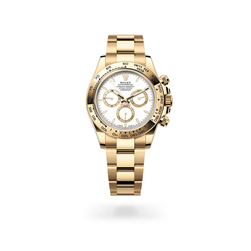 Rolex Cosmograph Daytona Oyster, 40 mm, yellow gold, 18 kt yellow gold, White with golden counter rings dial