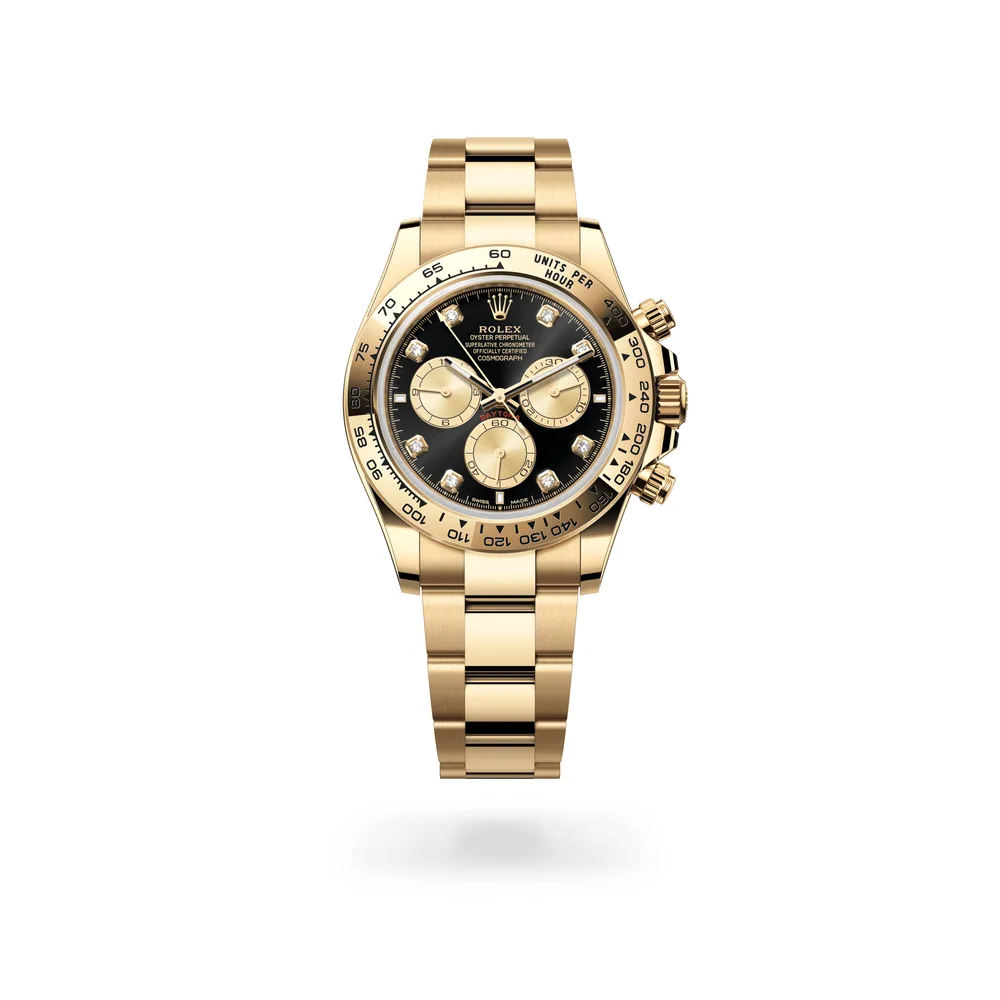 Rolex Cosmograph Daytona Oyster, 40 mm, yellow gold, 18 kt yellow gold, Bright black and golden set with diamonds dial