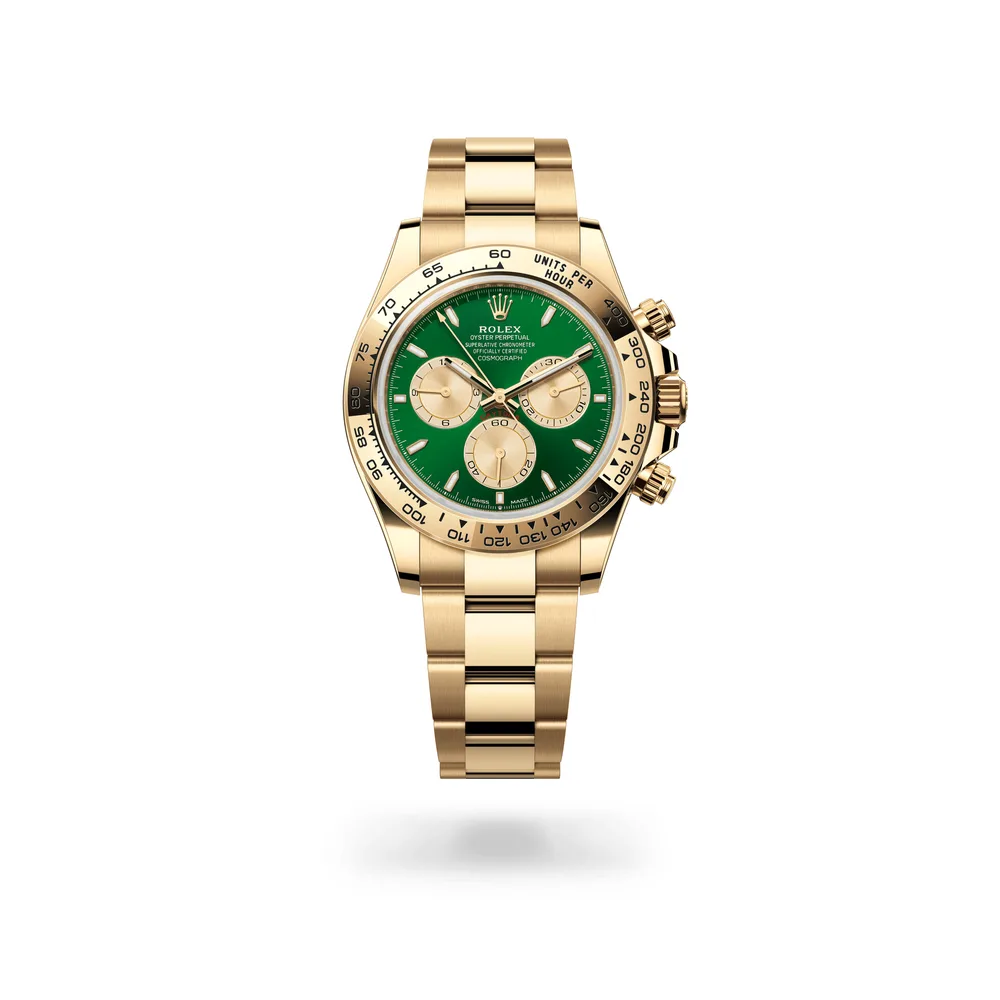 Rolex Cosmograph Daytona Oyster, 40 mm, yellow gold, 18 kt yellow gold, Bright green and golden dial