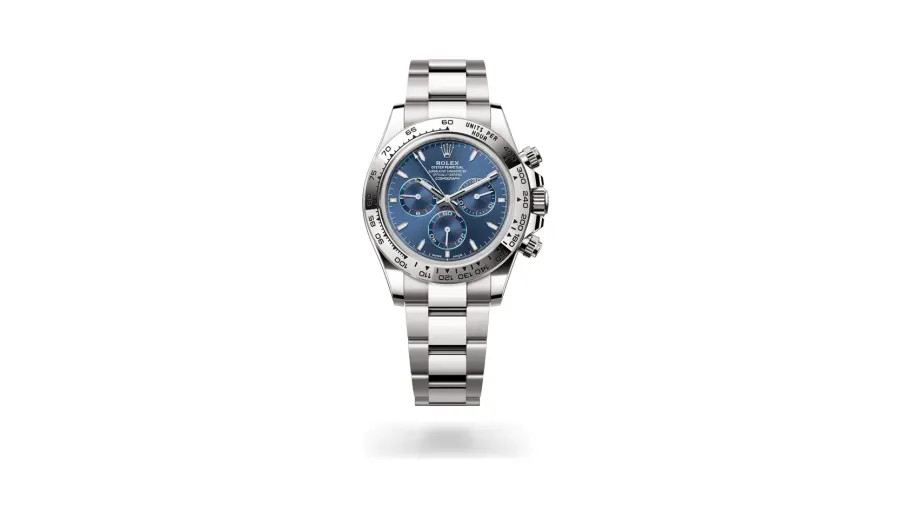 Rolex Cosmograph Daytona Oyster, 40 mm, white gold, 18 kt white gold, Bright blue dial