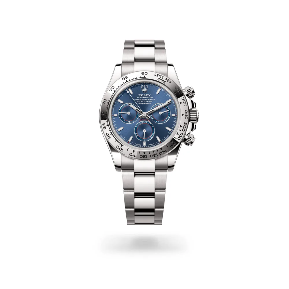 Rolex Cosmograph Daytona Oyster, 40 mm, white gold, 18 kt white gold, Bright blue dial