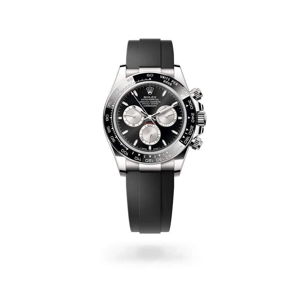 Rolex Cosmograph Daytona Oyster, 40 mm, white gold, 18 kt white gold, Bright black and steel dial