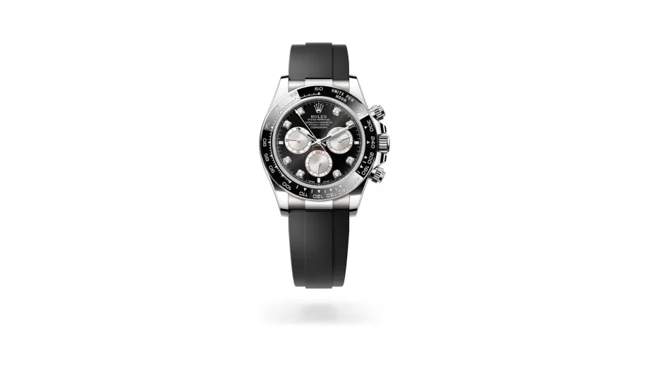 Rolex Cosmograph Daytona Oyster, 40 mm, white gold, 18 kt white gold, Bright black and steel set with diamonds dial