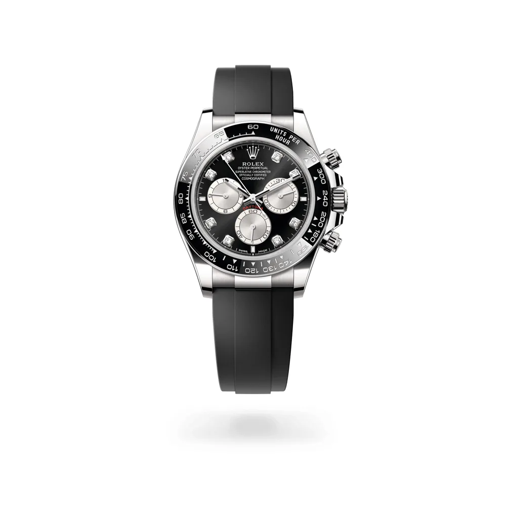 Rolex Cosmograph Daytona Oyster, 40 mm, white gold, 18 kt white gold, Bright black and steel set with diamonds dial
