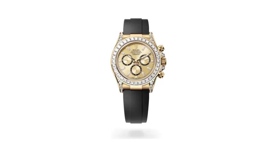 Rolex Cosmograph Daytona Oyster, 40 mm, yellow gold and diamonds, 18 kt yellow gold with lugs set with diamonds, Golden with bright black counter rings set with diamonds dial