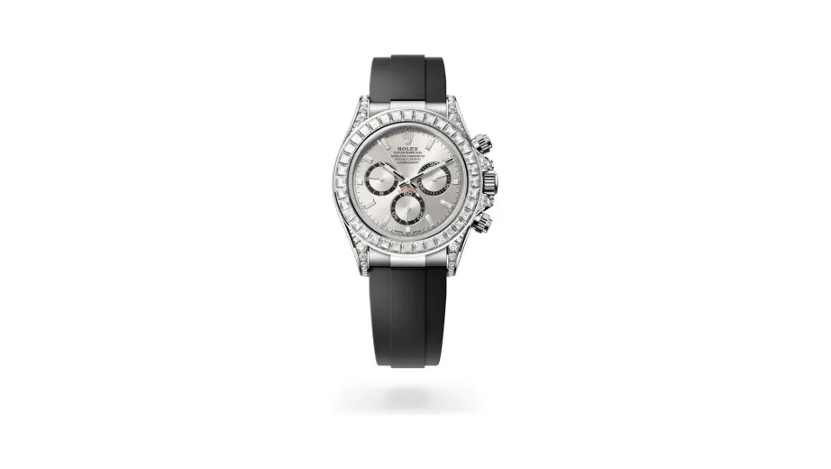 Rolex Cosmograph Daytona Oyster, 40 mm, white gold and diamonds, 18 kt white gold with lugs set with diamonds, Steel with bright black counter rings set with diamonds dial