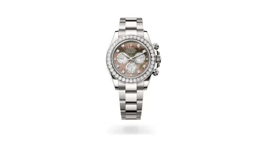 Rolex Cosmograph Daytona Oyster, 40 mm, white gold and diamonds, 18 kt white gold, Black and white mother-of-pearl set with diamonds dial