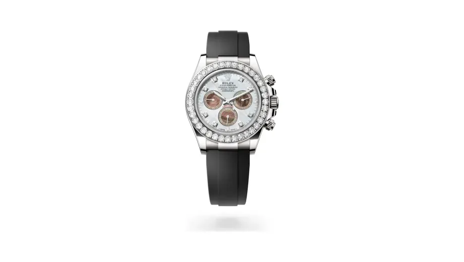 Rolex Cosmograph Daytona Oyster, 40 mm, white gold and diamonds, 18 kt white gold, White and black mother-of-pearl set with diamonds dial