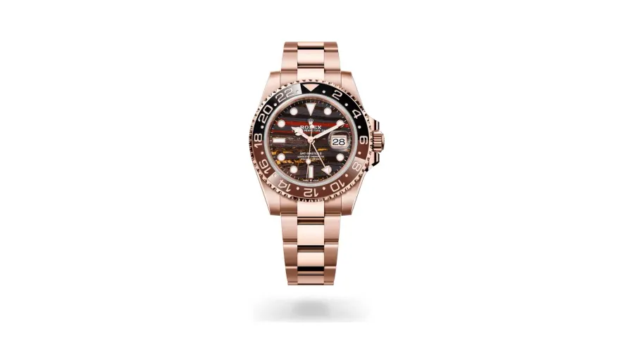 Rolex Oyster Perpetual GMT-Master II, 40 mm, 18 kt Everose gold, 18 kt Everose gold, Tiger iron (metamorphic rock with golden and orangey tints) dial