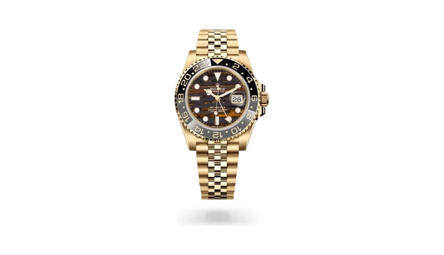 Rolex Oyster Perpetual GMT-Master II, 40 mm, 18 kt yellow gold, 18 kt yellow gold, Tiger iron (metamorphic rock with golden and orangey tints) dial