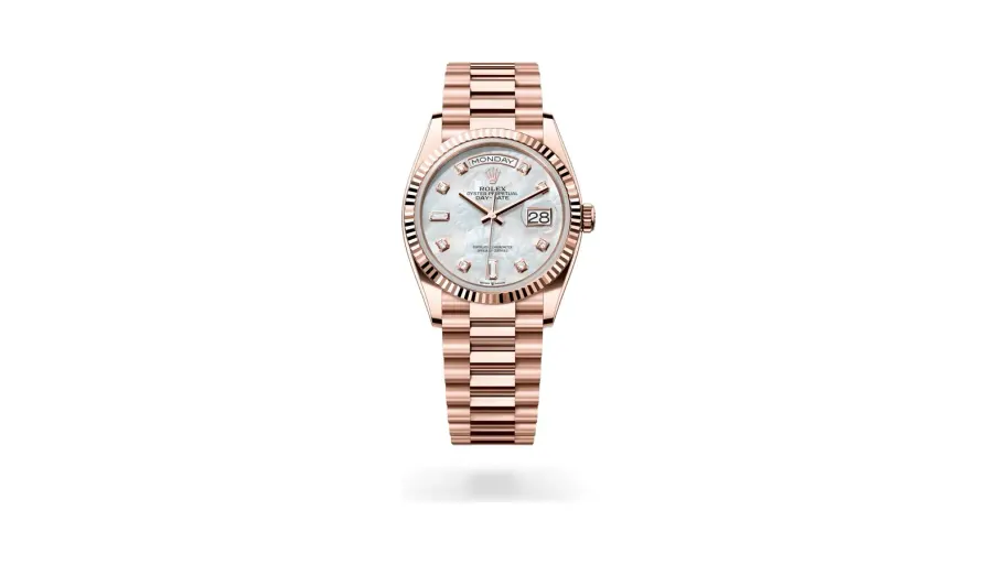 Rolex Oyster Perpetual Day-Date 36, 18 kt Everose gold, White mother-of-pearl set with diamonds dial