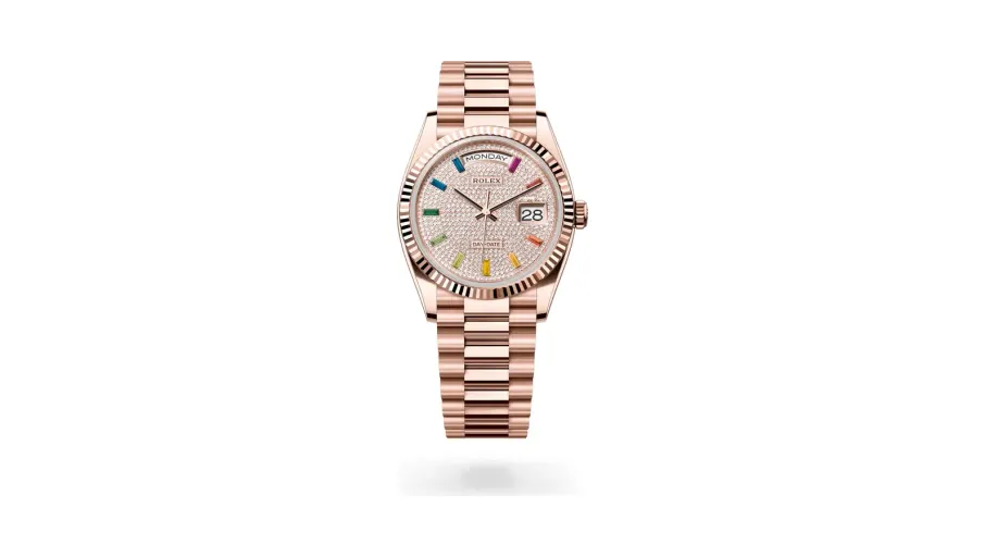 Rolex Oyster Perpetual Day-Date 36, 18 kt Everose gold, Diamond-paved with 10 baguette-cut dial