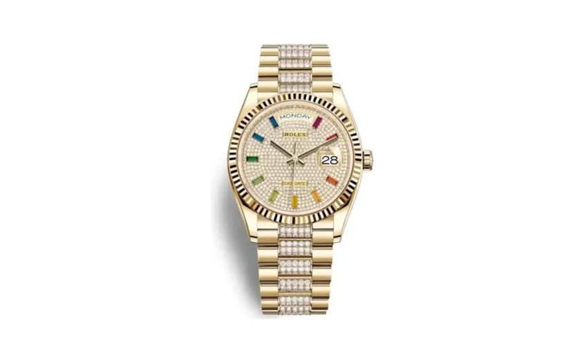 Rolex Day-Date 36 Yellow Gold / Fluted / Paved-Rainbow / President-Diamond