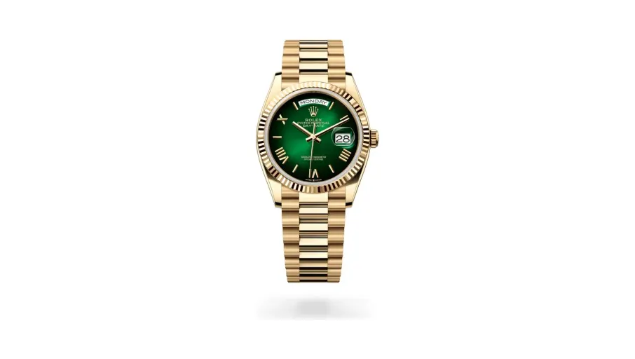 Rolex Oyster Perpetual Day-Date 36, 18 kt yellow gold, Green ombré dial
