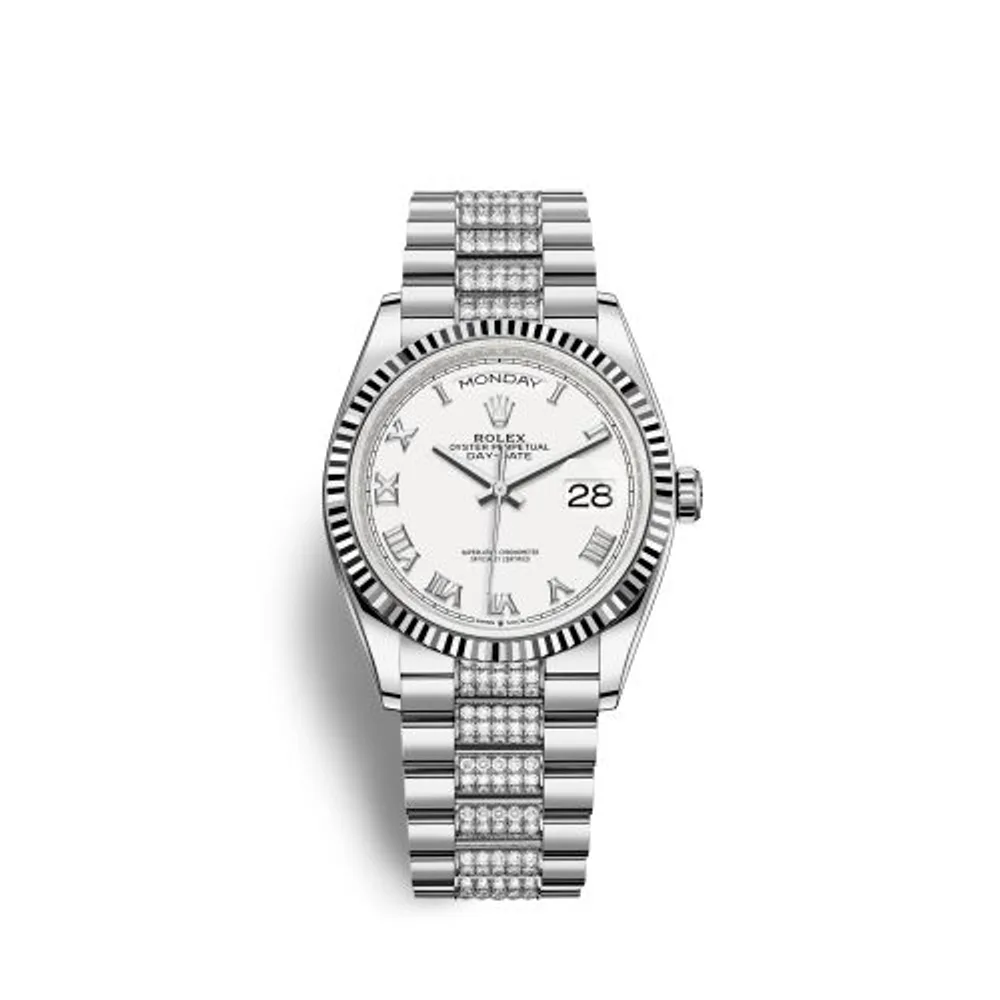 Rolex Day-Date 36 White Gold Fluted / White - Roman / President - Diamond