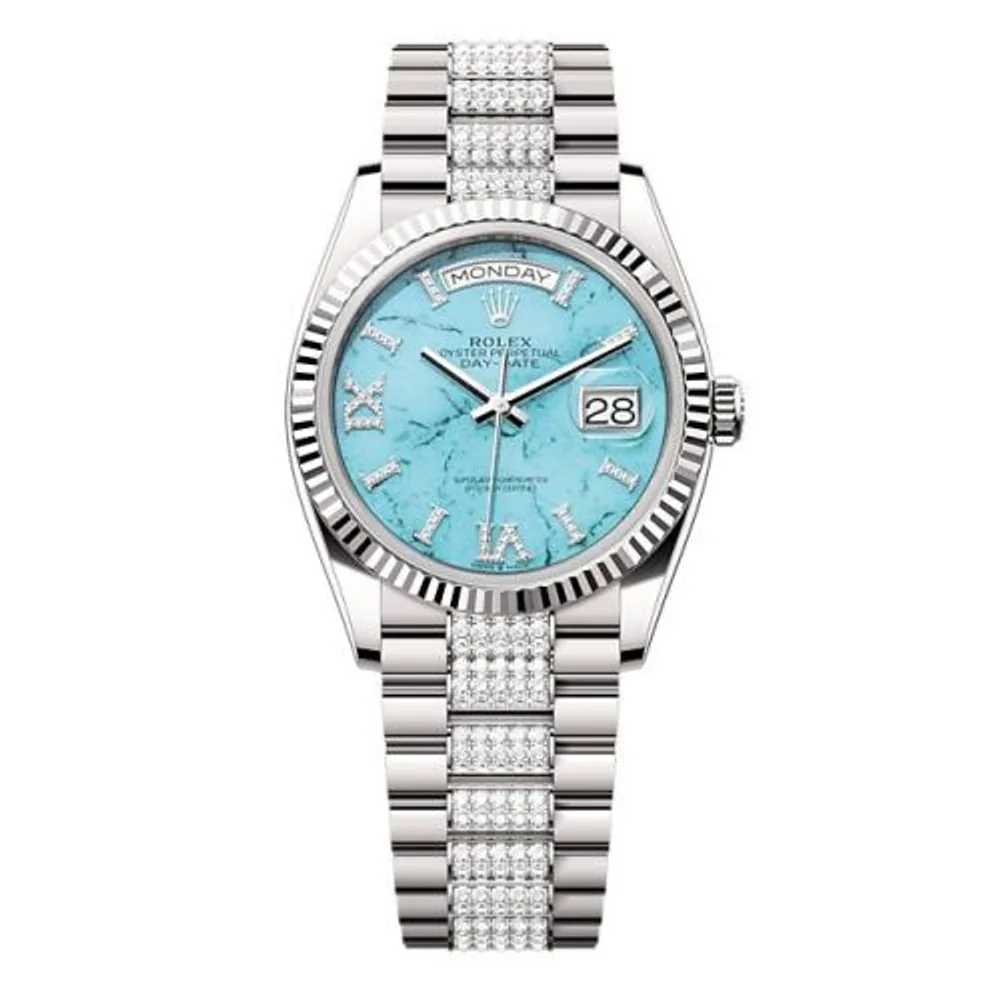 Rolex Day-Date 36 White Gold - Fluted / Turquoise / President - Diamond