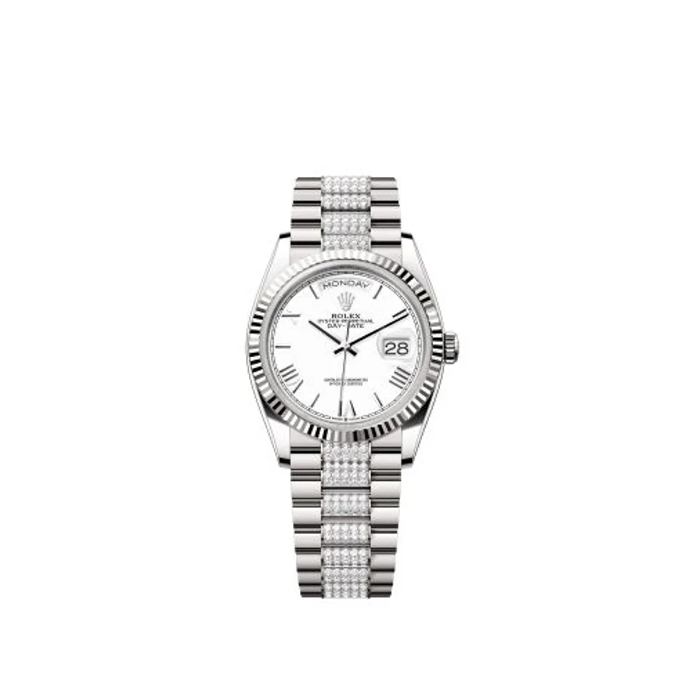 Rolex Day-Date 36 White Gold - Fluted / White - Roman / President - Diamond