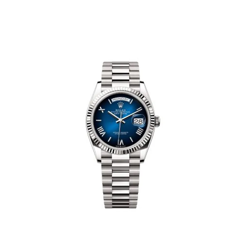 Rolex Day-Date 36 White Gold - Fluted / Blue Ombré - Roman / President
