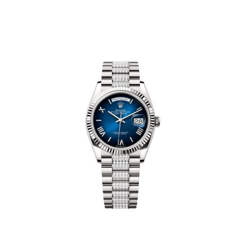 Rolex Day-Date 36 White Gold - Fluted / Blue Ombré - Roman / President - Diamond
