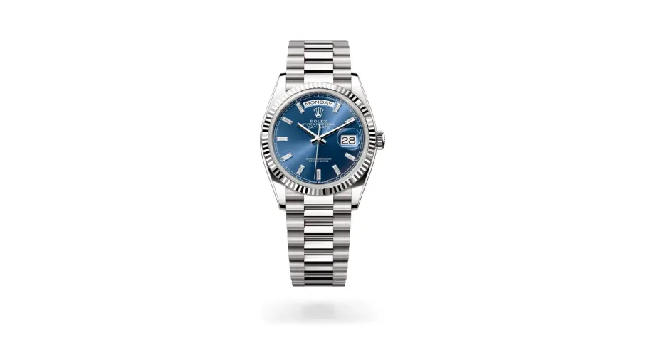 Rolex Oyster Perpetual Day-Date 36, 18 kt white gold, Bright blue dial